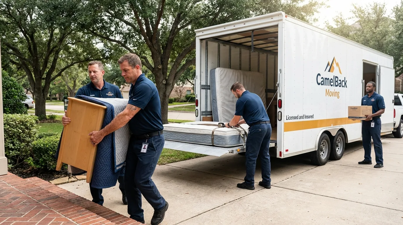 Crew loading residential truck for cross-state move from Mission, TX