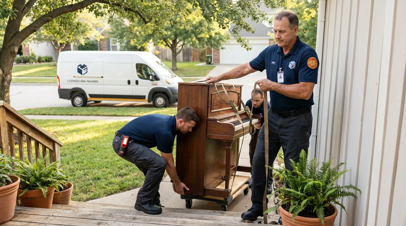 Licensed piano movers securing grand piano in Mission, TX