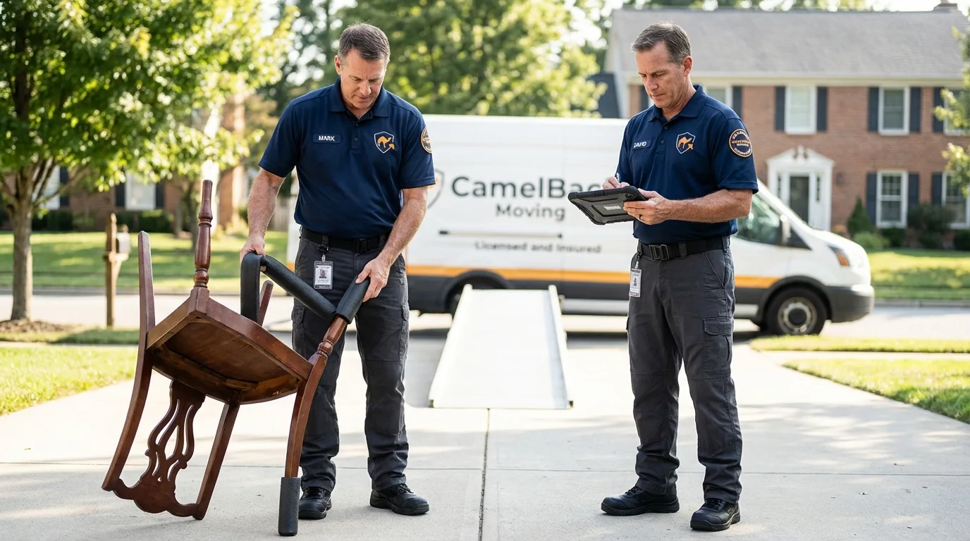 Movers inspecting furniture for damage prevention before loading in Mission, TX