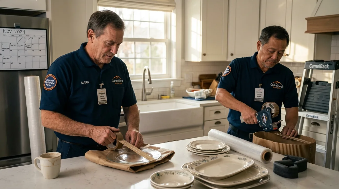 Professional crew packing kitchen dishware in Mission, TX